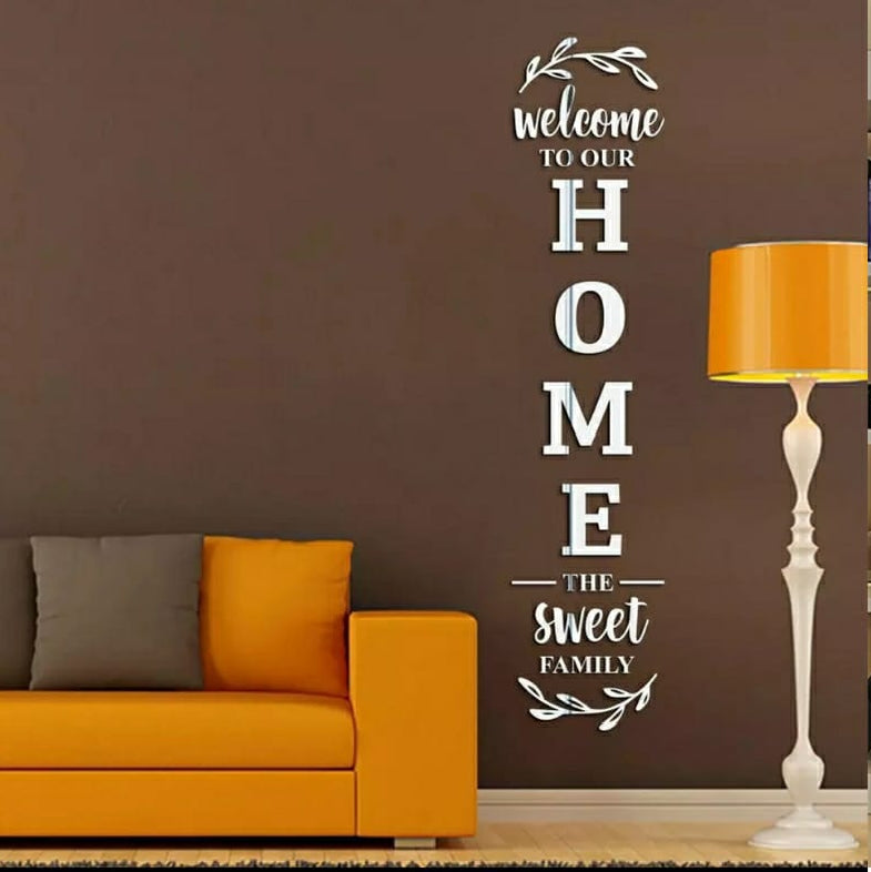 "Welcome To Our Home" Gold Acrylic Mirror Wall Decoration | Sweet Family Entrance Décor Sticker | 12x60 Inch | Vertical Sign