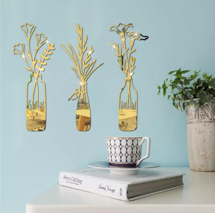 3-Piece Acrylic Mirror Leaf Vase Wall Art | Gold & SIlver Mirror Botanical Frames | Modern Living Room & Bedroom Decor