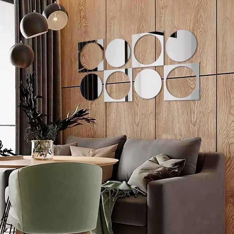 8-Piece Modern Acrylic Mirror Wall Décor | Square & Round Peel & Stick Stickers | 7.8x7.8 Inch Each | 32x16 Inch Coverage | Gold & Silver