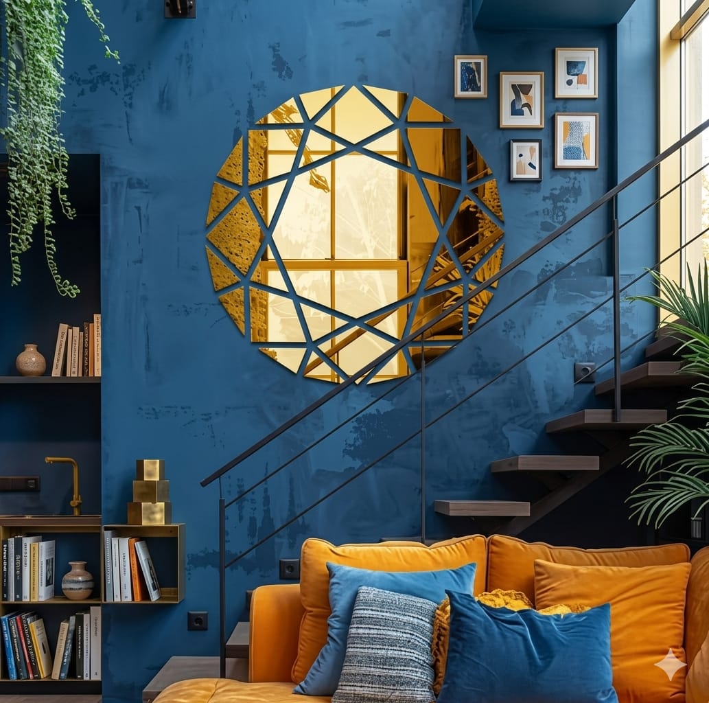 Acrylic Mirror Circle Wall Decoration | Gold Geometric Diamond Design | 24x24 Inch | Premium Mirror Finish | Home & Office Decor