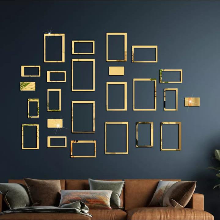 24-Piece Gold Acrylic Mirror Rectangle Frame Wall Décor | Elegant Peel & Stick Stickers & Decals | 8x6 Inch Each | Home & Office