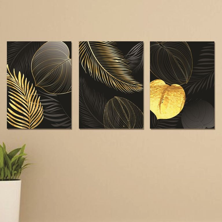 Set of 3 Black & Gold Boho Exotic Leaves Wall Art Frames | HD Print on MDF | Modern Sticky Canvas | Home Decor