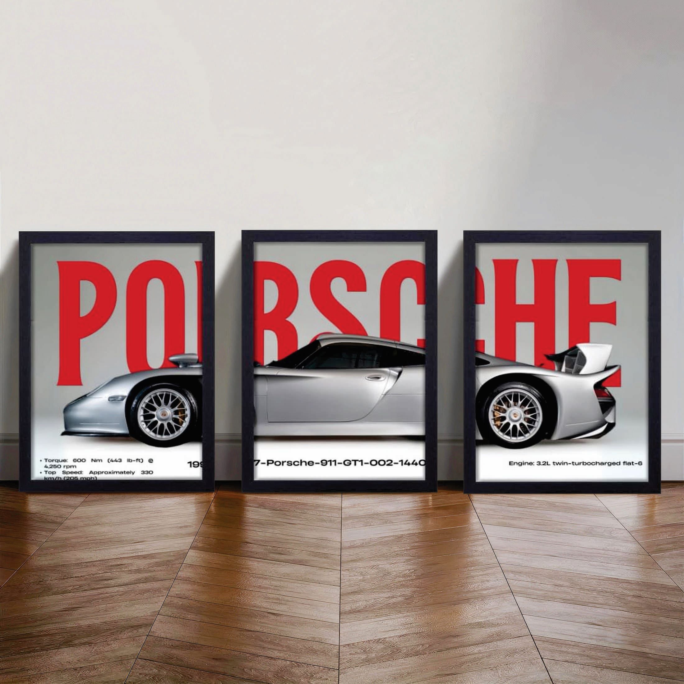 Set of 3 Porsche Wall Art Frames | HD Print on MDF | Modern Sticky Canvas | Home & Office Decor