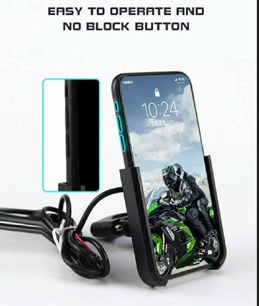 Motorcycle Mobile Holder With Charger | Aluminium Body | Durable & Convenient