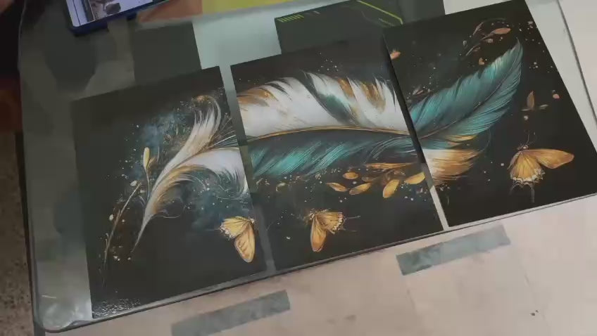 Set of 3 Feather & Butterfly Canvas Prints | Teal, White & Gold | Luxury Abstract Wall Art | 8x11 Inch MDF Canvas