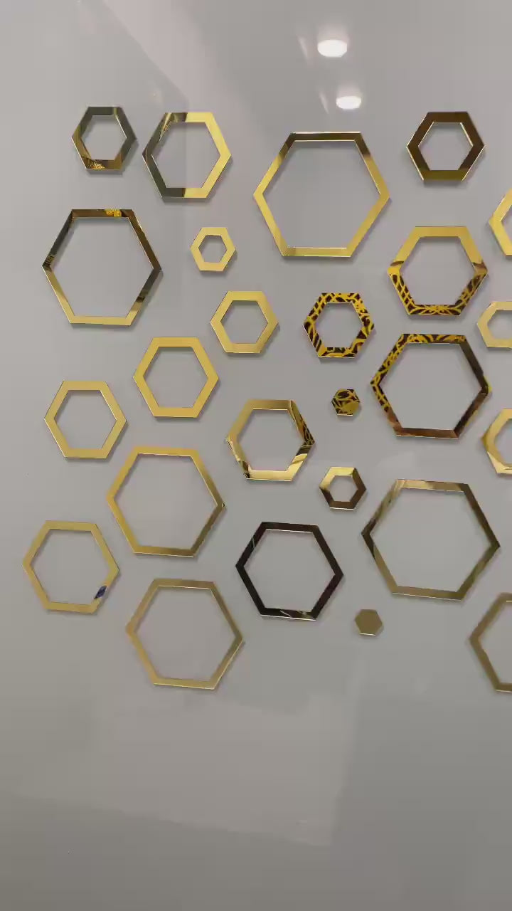 24-Piece Hexagonal Acrylic Mirror Wall Stickers | Gold DIY Geometric Honeycomb Decor | Mix Sizes 1"-7" | Bedroom, Living Room & Kids Room