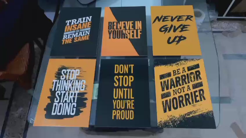Set of 6 Gym & Hustle Motivational Quote Wall Art | Black & Yellow Bold Typography | 8x11 Inch MDF Canvas