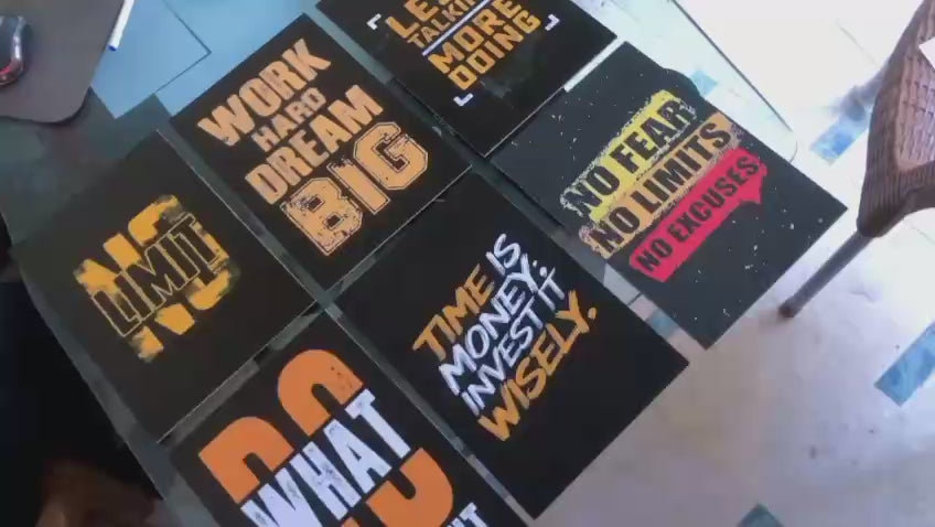 Set of 6 Hustle Motivational Quote Wall Art | Black, Gold & Yellow Bold Typography | 8x11 Inch MDF Canvas