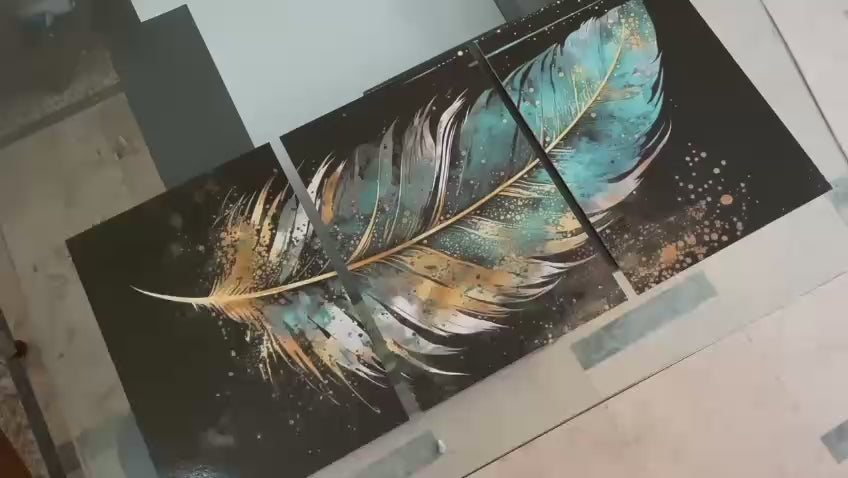Set of 3 Teal & Gold Feather Panoramic Wall Art | Abstract Luxury Canvas | Dark Background | 8x11 Inch MDF Each